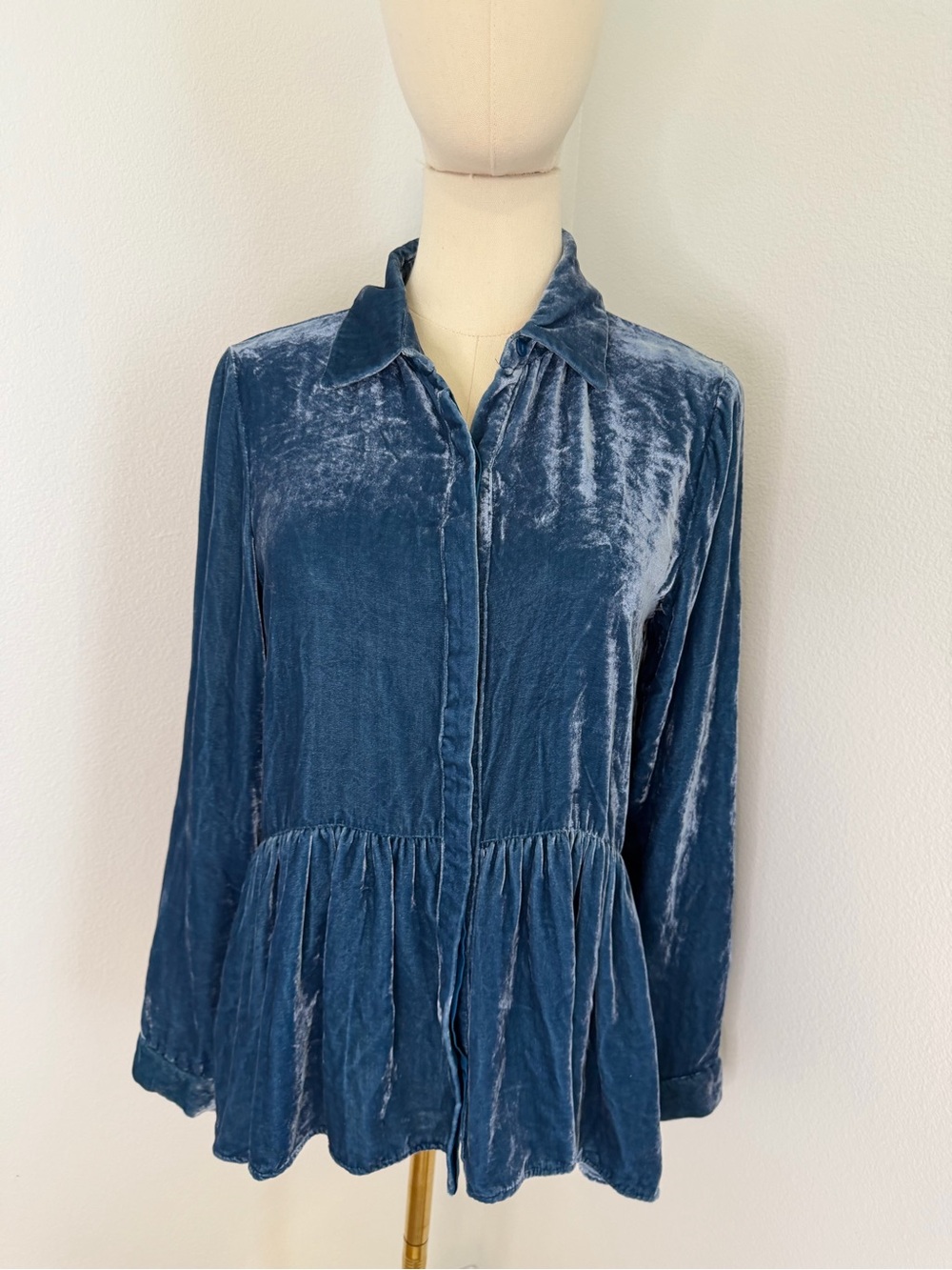 Sundance Velvet Peplum Button-Down Shirt Teal Blue 100% Silk Size Small